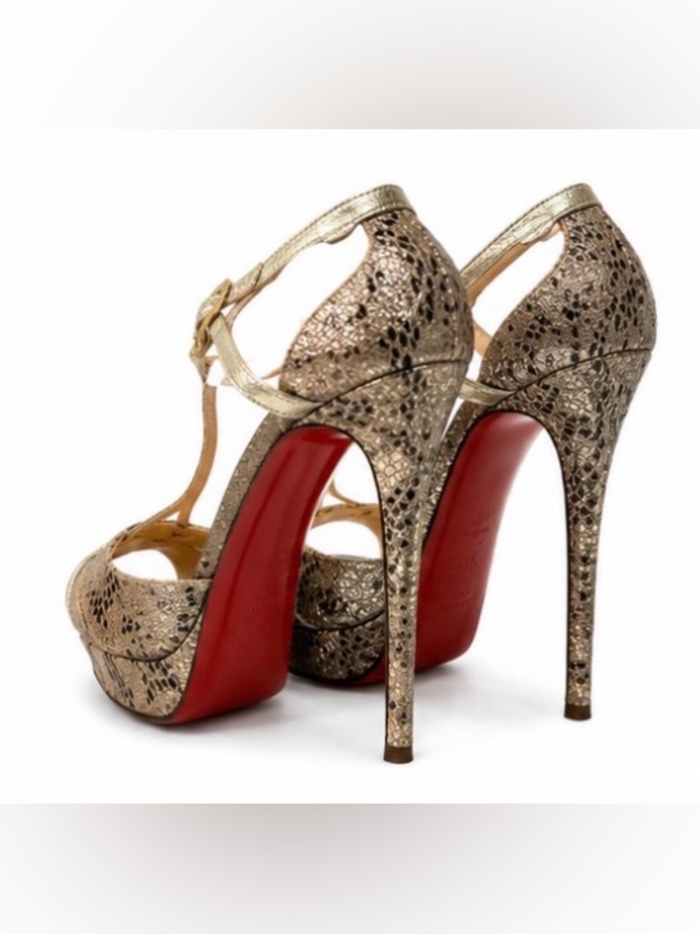 Christian Louboutin Metallic Gold Snakeskin T-Strap Peep-Toe Heels - Picture 3 of 3